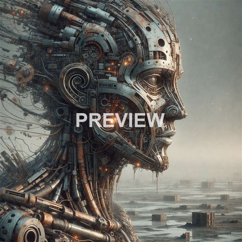A highly detailed and futuristic robotic human head composed of intricate metallic and mechanical components, set against a hazy industrial landscape.